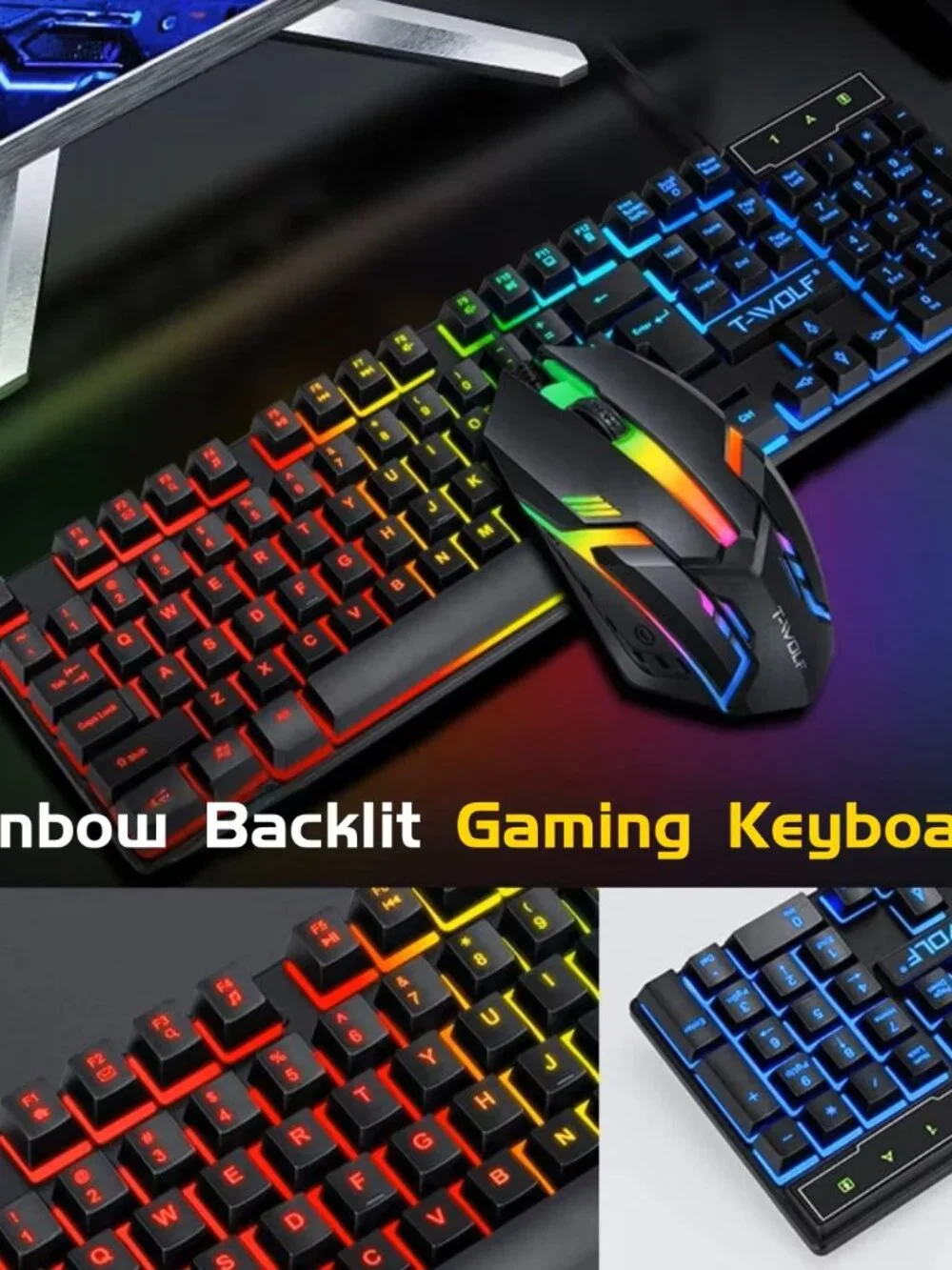 T-WOLF RGB Gaming Keyboard Mouse Headset Mousepad 4 in 1 Combo Wired Feel LED